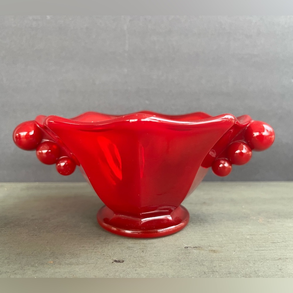 FENTON Red Glass Octogonal Bubble Handle Footed Candy/Trinket Dish